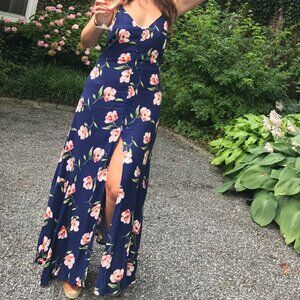 Sadie & Sage Navy Blue with Pink Floral Maxi Dress | Size M